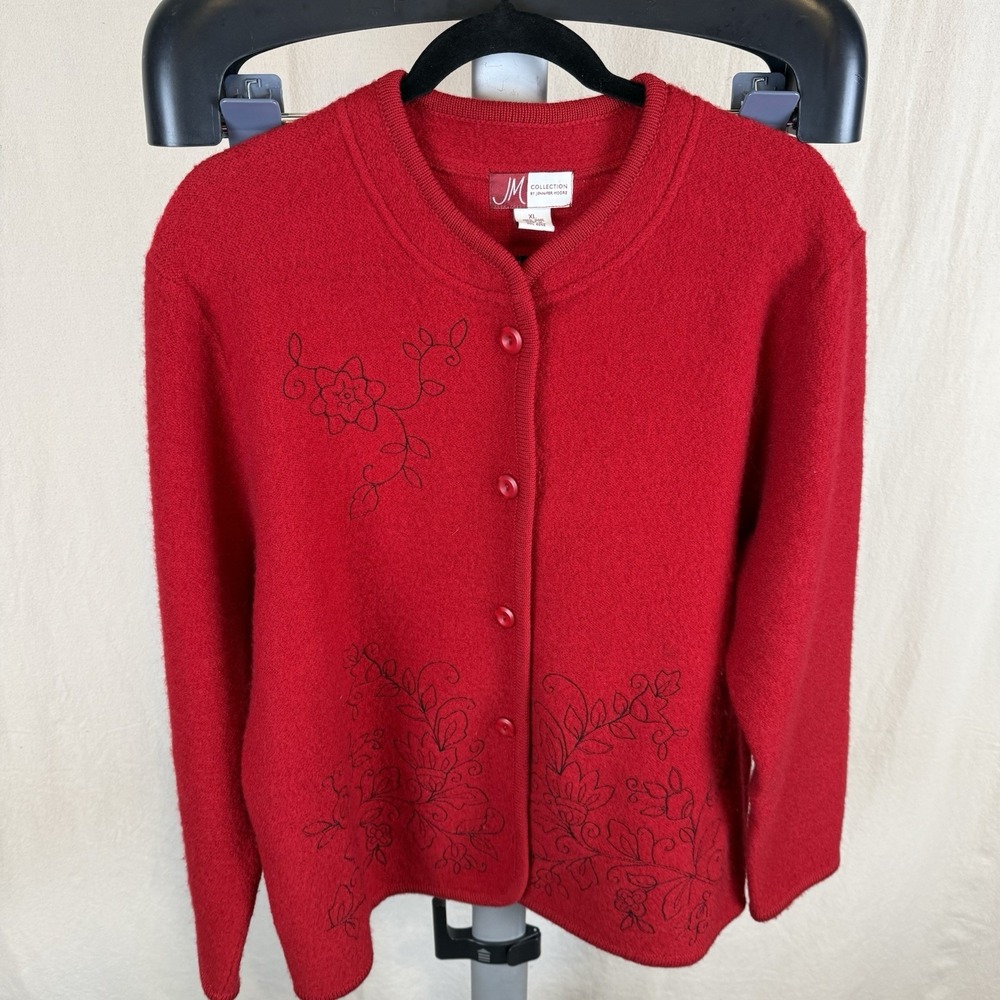JM Collection Red Boiled Wool Button Down Sweater Cardigan Womens‎ Sz XL